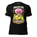 Black t-shirt with colorful graphic design featuring a character with pink hair and 'Broster Certified' text on a white background.