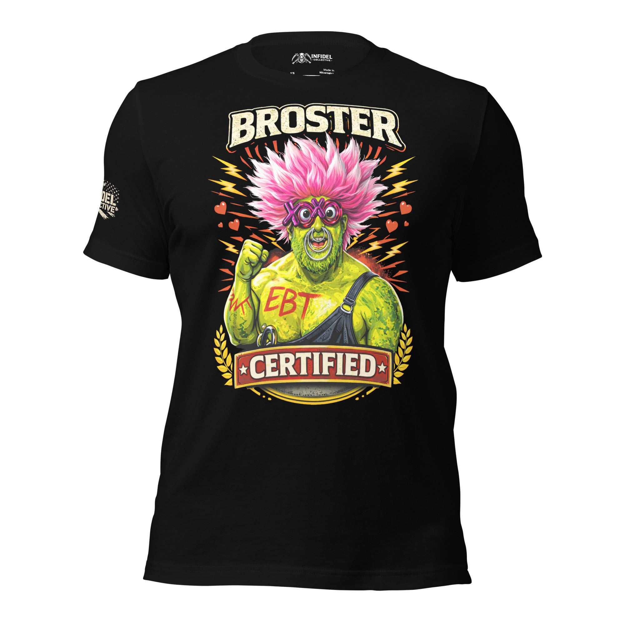 Black t-shirt with colorful graphic design featuring a character with pink hair and 'Broster Certified' text on a white background.