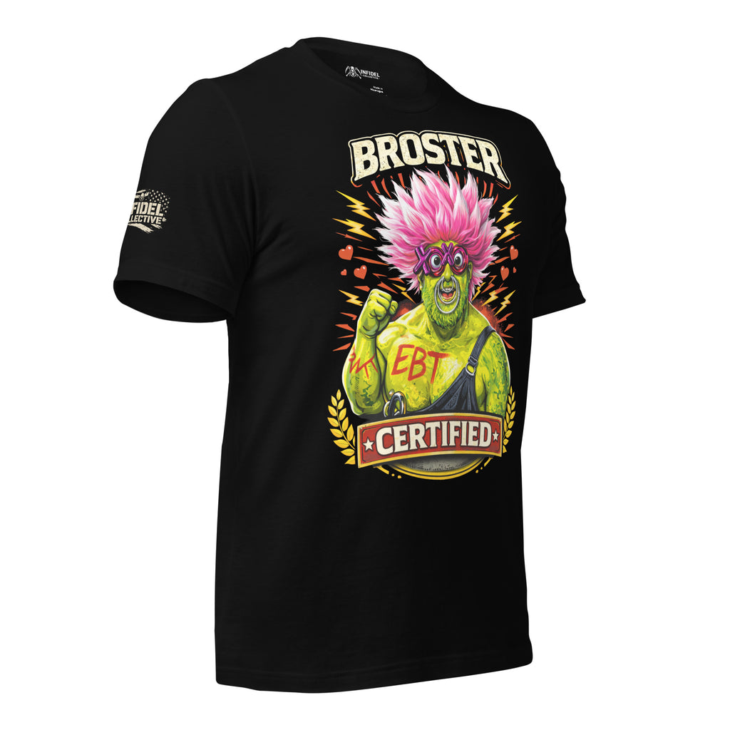 Black t-shirt with colorful graphic design featuring a character and text on a white background