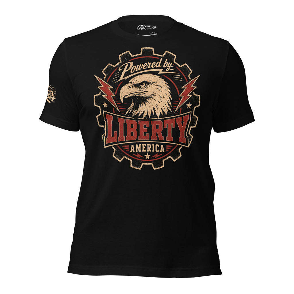 Powered by Liberty eagle graphic black tee from Infidel Collective