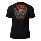 Powered by Liberty engine back print black tee from Infidel Collective