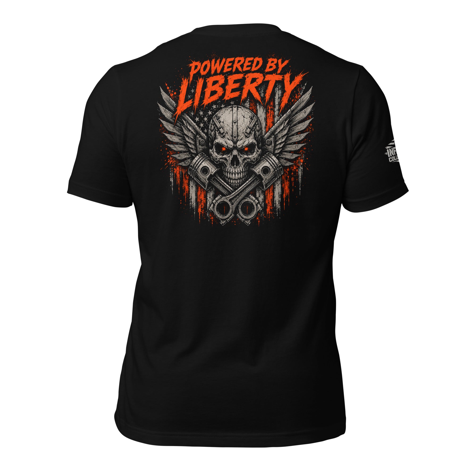 Powered by Liberty engine back print black tee from Infidel Collective