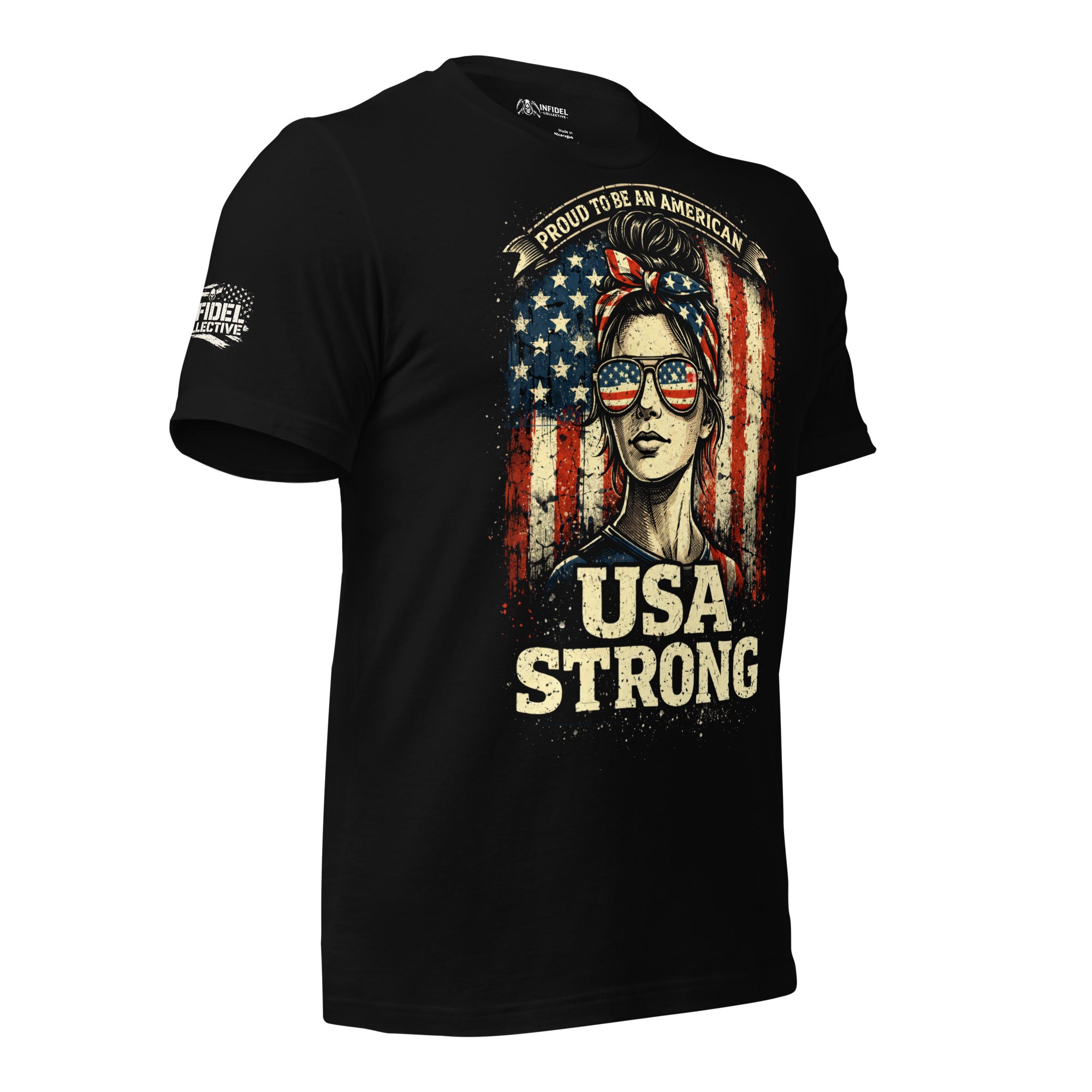 Black front print t-shirt featuring a patriotic woman wearing American flag sunglasses with the phrase Proud To Be An American USA Strong