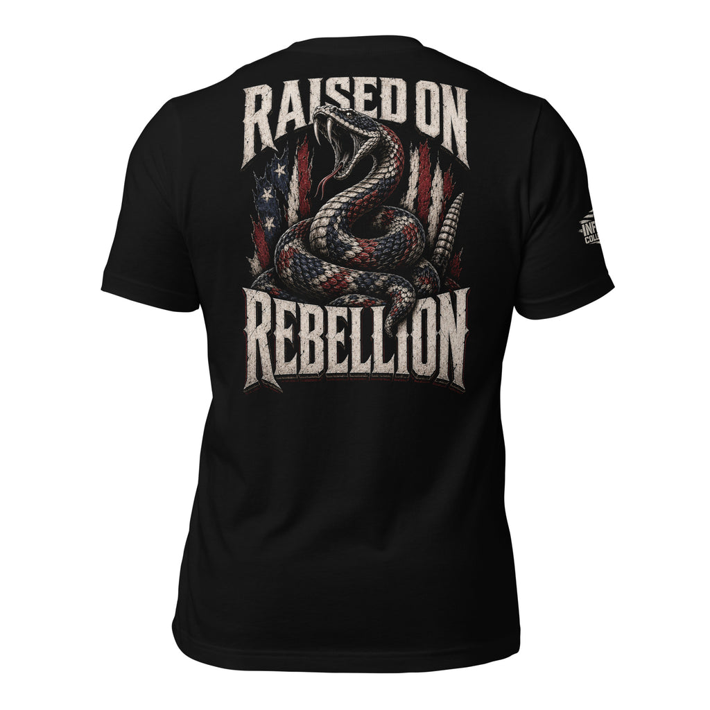 Raised on Rebellion American flag rattlesnake back print black tee from Infidel Collective