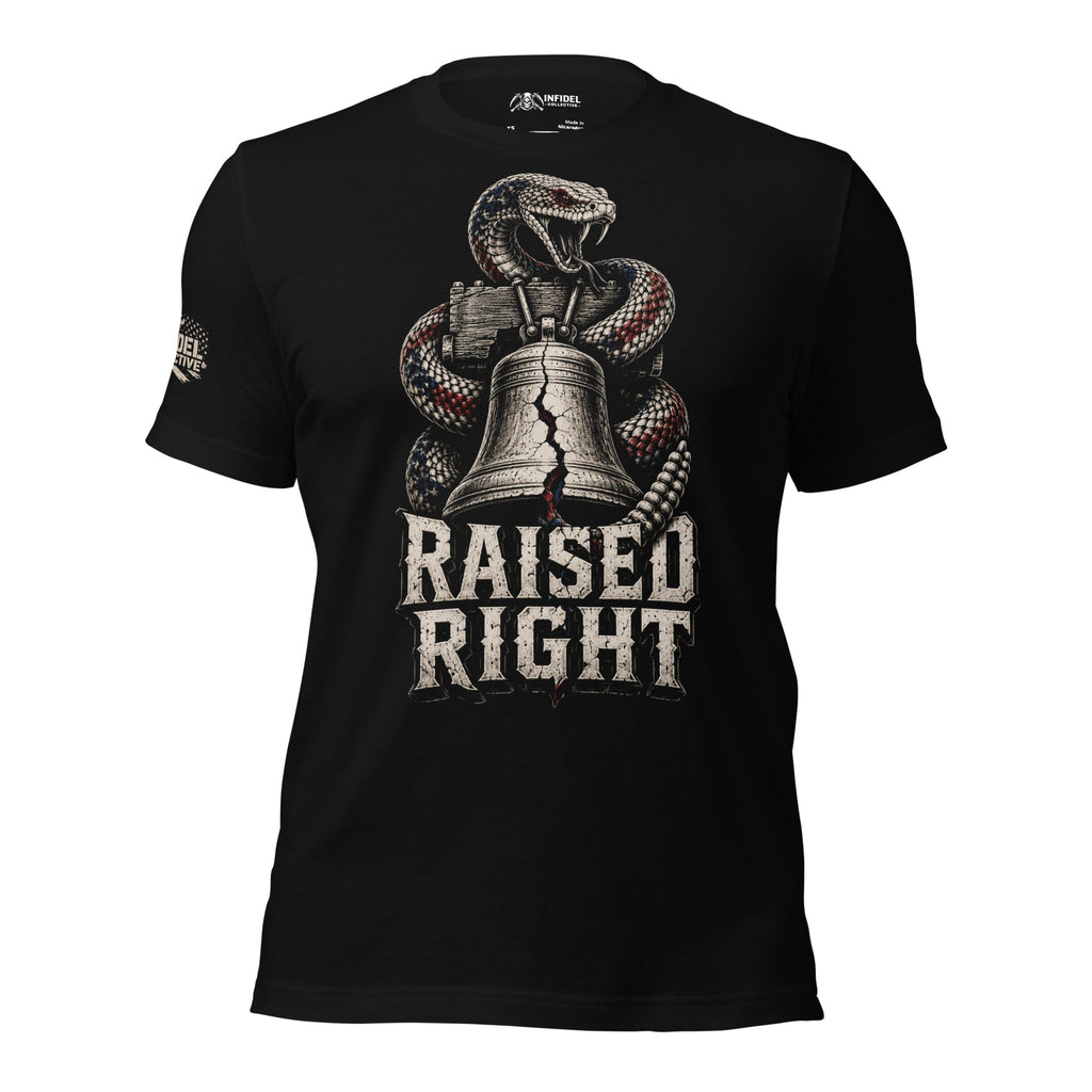 Black tee with front print featuring a rattlesnake wrapped around the Liberty Bell and the text Raised Right