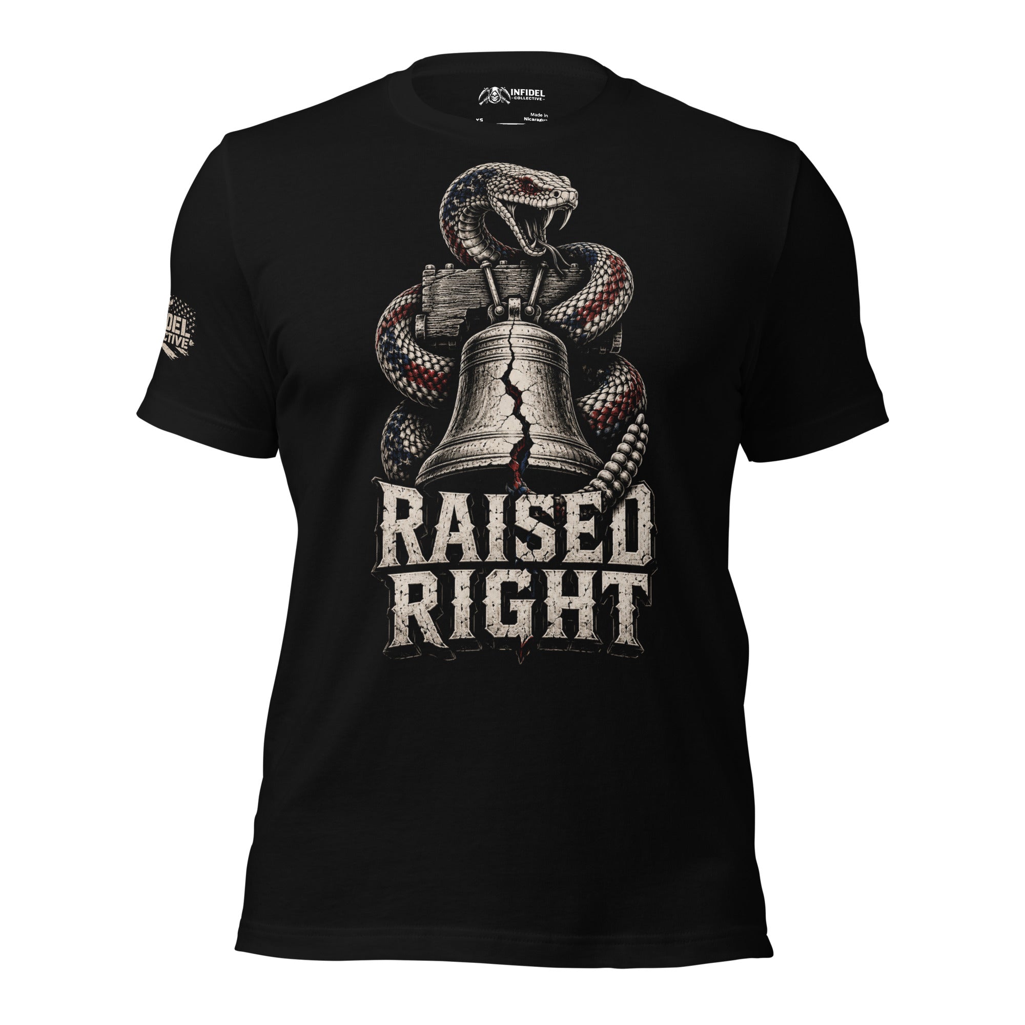 Black tee with front print featuring a rattlesnake wrapped around the Liberty Bell and the text Raised Right