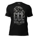 Black t-shirt featuring a coiled rattlesnake with American flag detailing wrapped around large metallic CCL lettering above Infidel Nation text