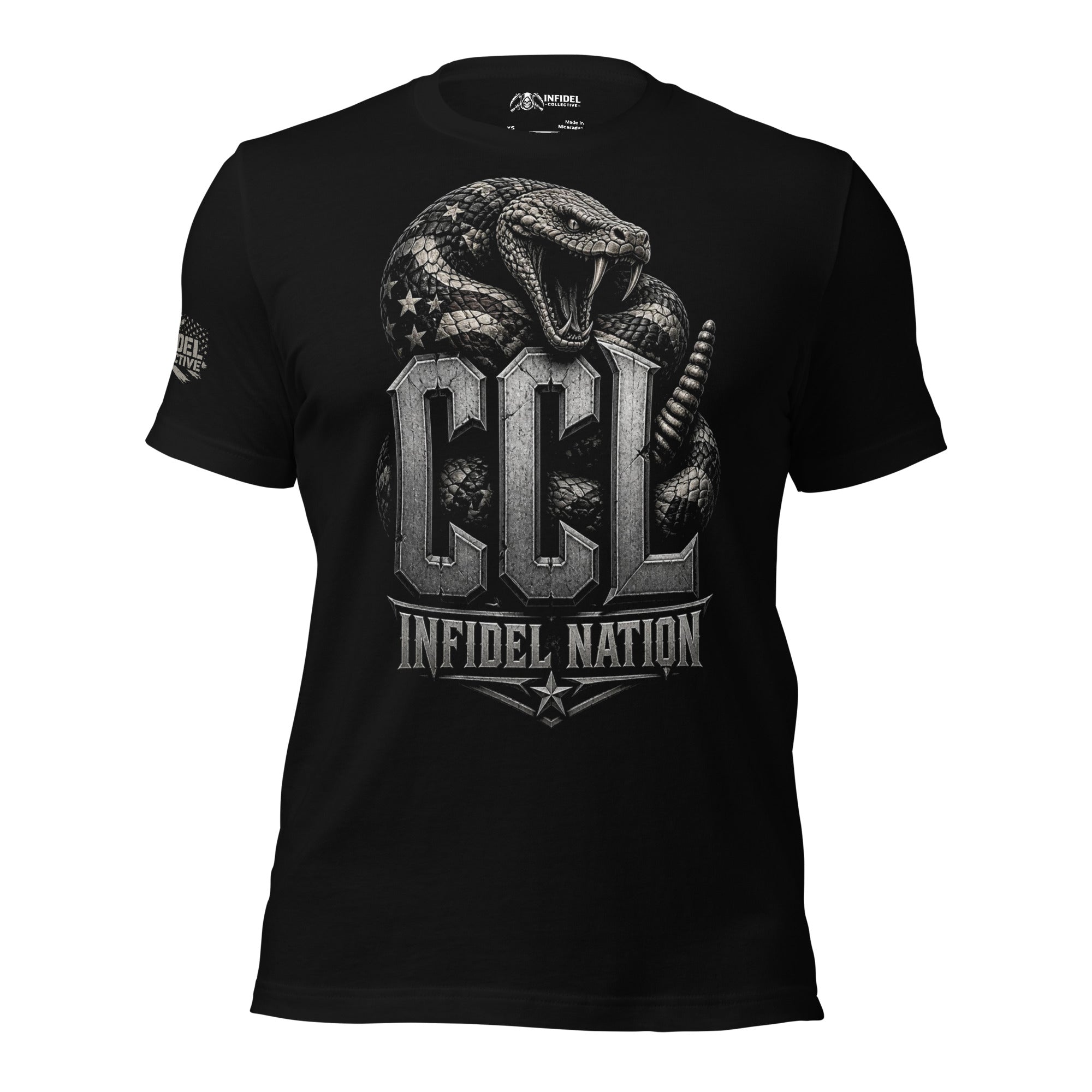 Black t-shirt featuring a coiled rattlesnake with American flag detailing wrapped around large metallic CCL lettering above Infidel Nation text