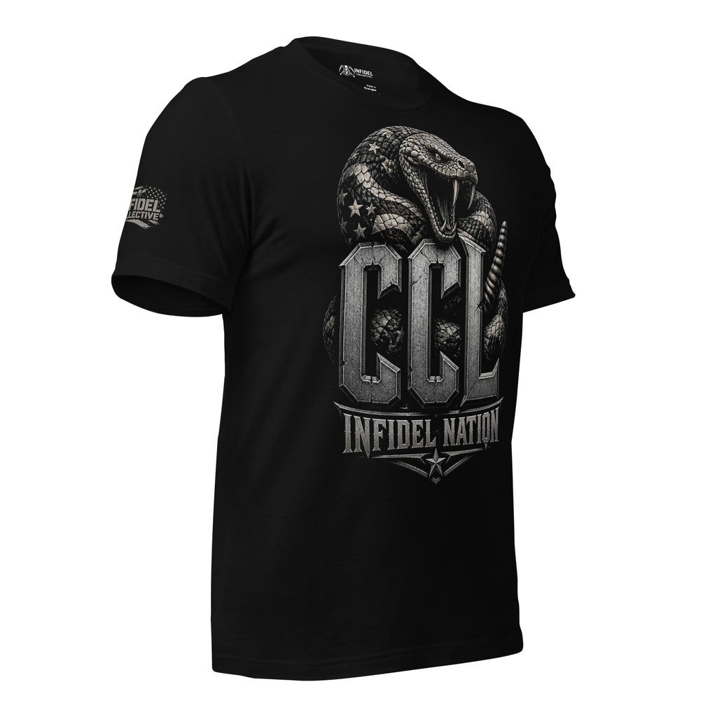 Black t-shirt featuring a coiled rattlesnake with American flag detailing wrapped around large metallic CCL lettering above Infidel Nation text