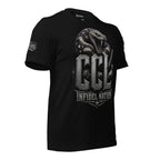 Black t-shirt featuring a coiled rattlesnake with American flag detailing wrapped around large metallic CCL lettering above Infidel Nation text