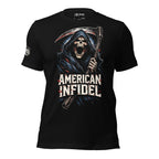 Black t-shirt featuring a hooded grim reaper holding a scythe above distressed American Infidel lettering with red, white, and blue accents