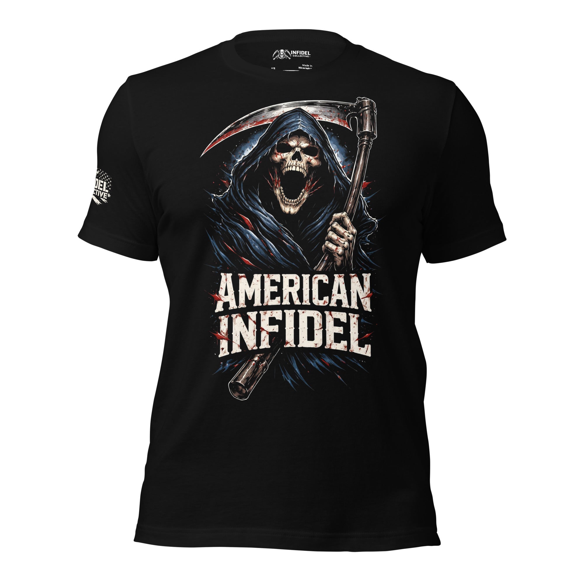 Black t-shirt featuring a hooded grim reaper holding a scythe above distressed American Infidel lettering with red, white, and blue accents