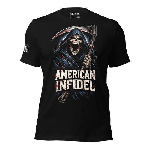 Front view of black tee featuring American Infidel screaming reaper with scythe