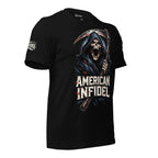 Black t-shirt featuring a hooded grim reaper holding a scythe above distressed American Infidel lettering with red, white, and blue accents