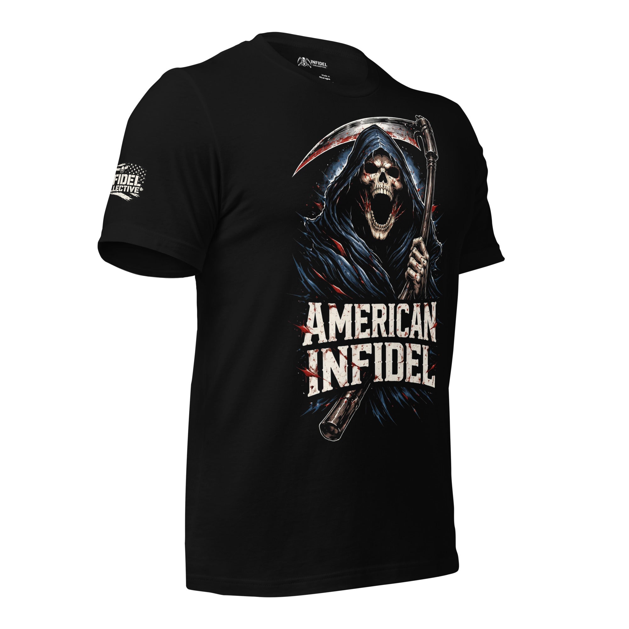 Black t-shirt featuring a hooded grim reaper holding a scythe above distressed American Infidel lettering with red, white, and blue accents