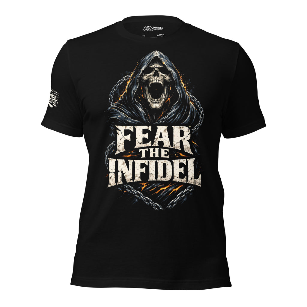 Rebel Chains Fear the Infidel graphic black tee from Infidel Collective