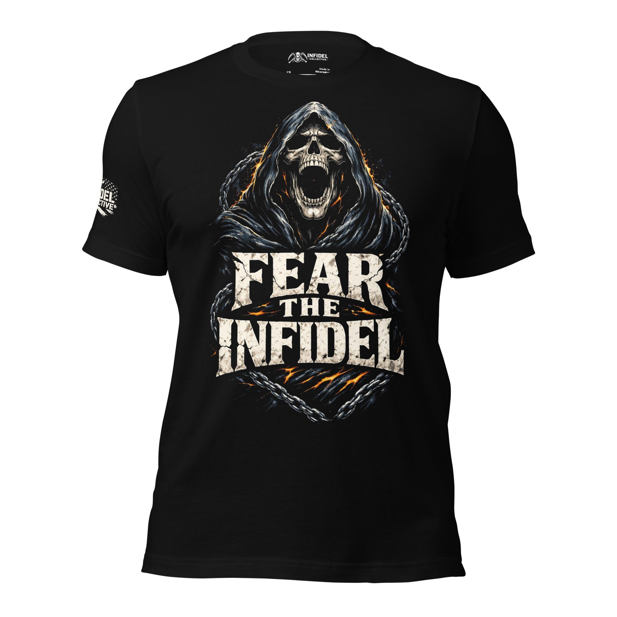 Rebel Chains Fear the Infidel graphic black tee from Infidel Collective