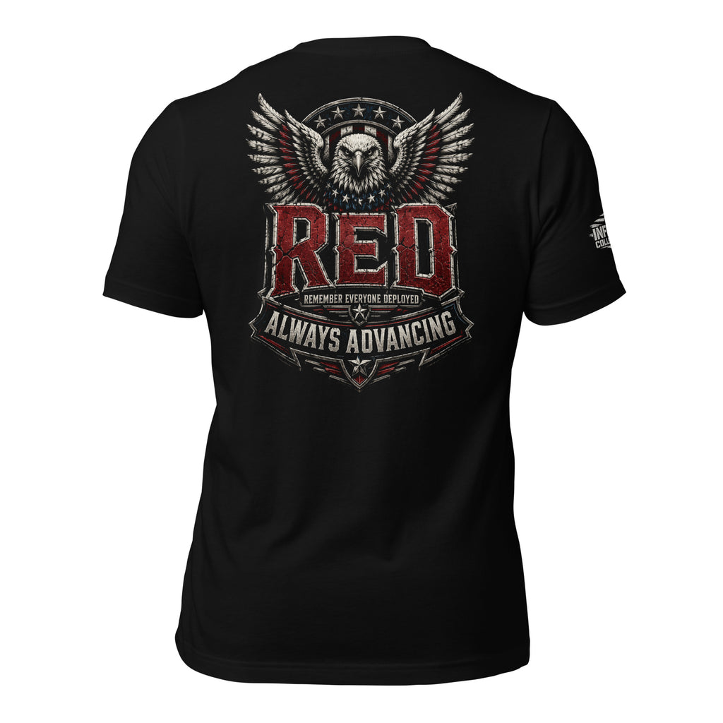 RED Remember Everyone Deployed back print black tee from Infidel Collective