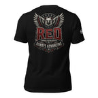 RED Remember Everyone Deployed back print black tee from Infidel Collective