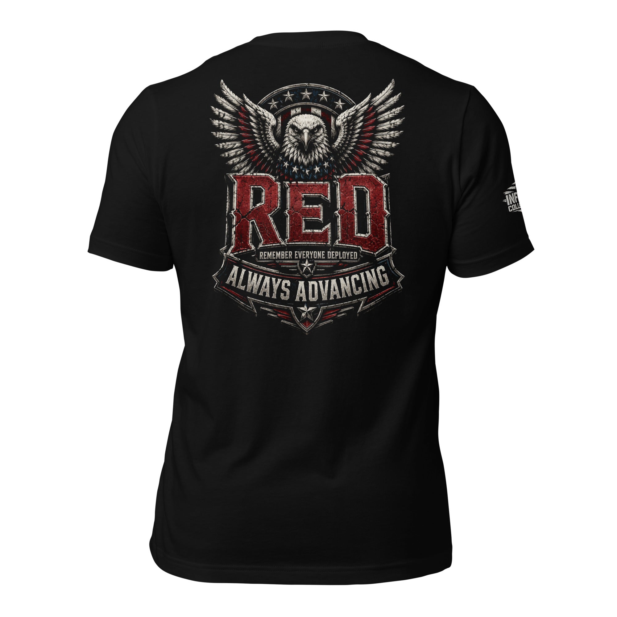 RED Remember Everyone Deployed back print black tee from Infidel Collective