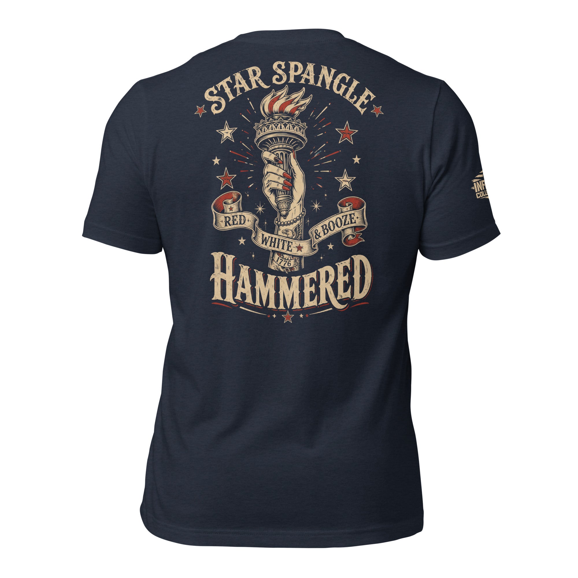 Red White and Booze Hammered back print graphic on navy tee featuring a hand holding the Statue of Liberty torch with patriotic stars and vintage lettering
