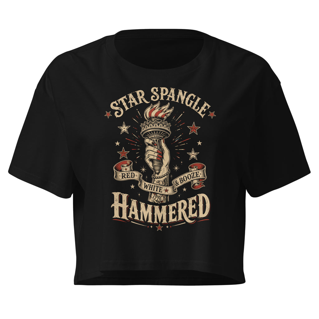Star Spangle Red White and Booze Hammered graphic with Statue of Liberty torch and patriotic stars on black front print tee