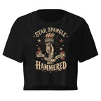Star Spangle Red White and Booze Hammered graphic with Statue of Liberty torch and patriotic stars on black front print tee