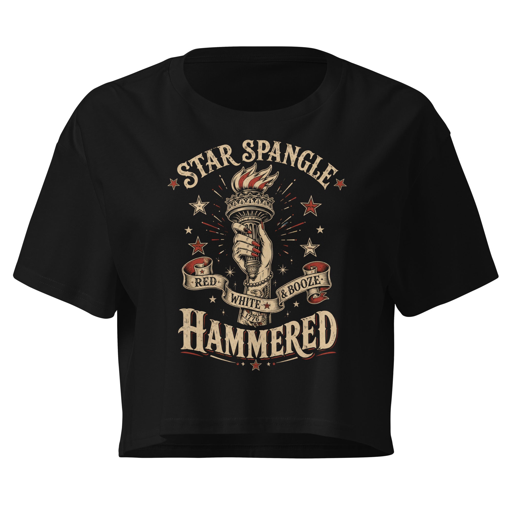 Star Spangle Red White and Booze Hammered graphic with Statue of Liberty torch and patriotic stars on black front print tee