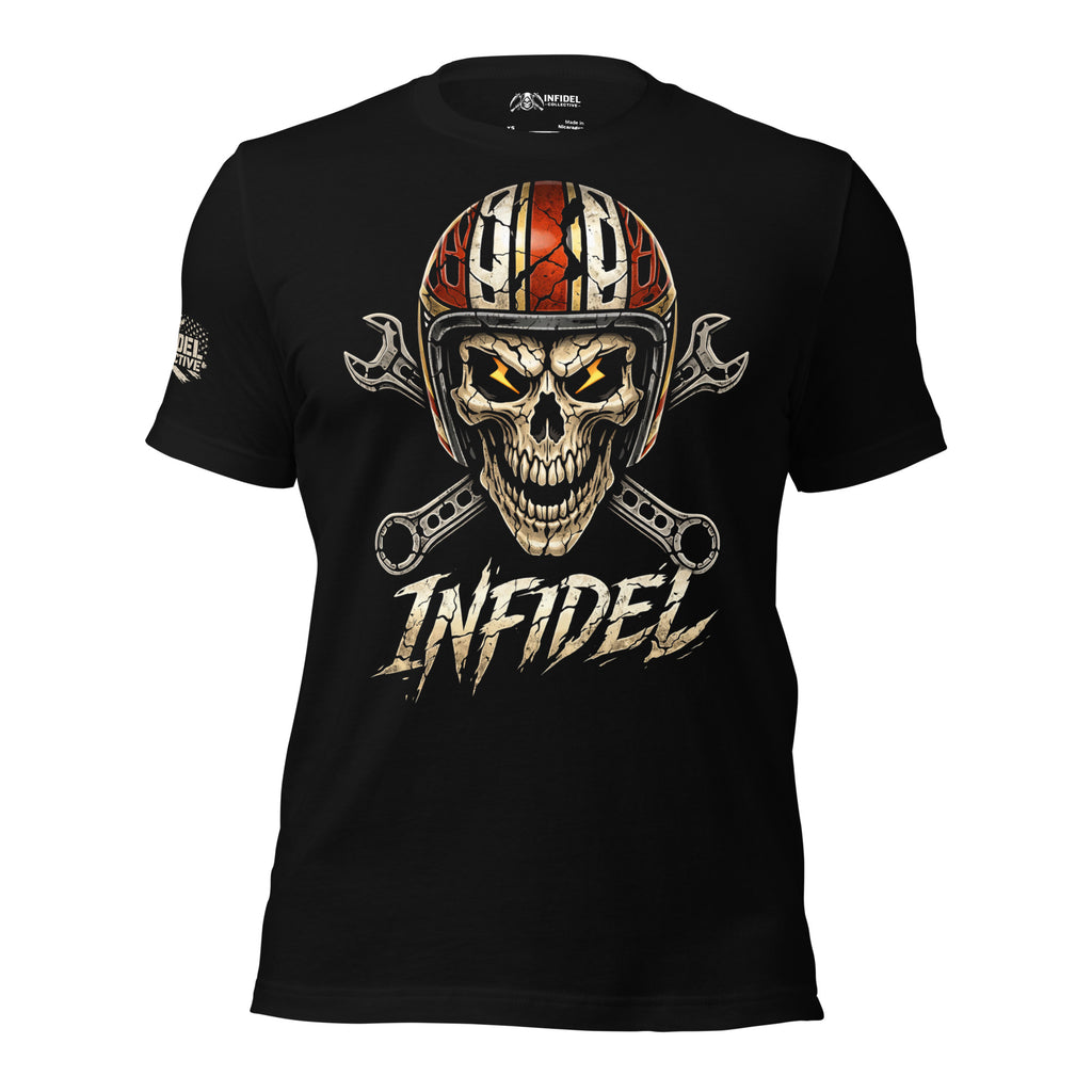 Black Redline Infidel tee with front print featuring skull wearing red racing helmet, crossed mechanic wrenches, and INFIDEL text