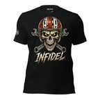 Black Redline Infidel tee with front print featuring skull wearing red racing helmet, crossed mechanic wrenches, and INFIDEL text