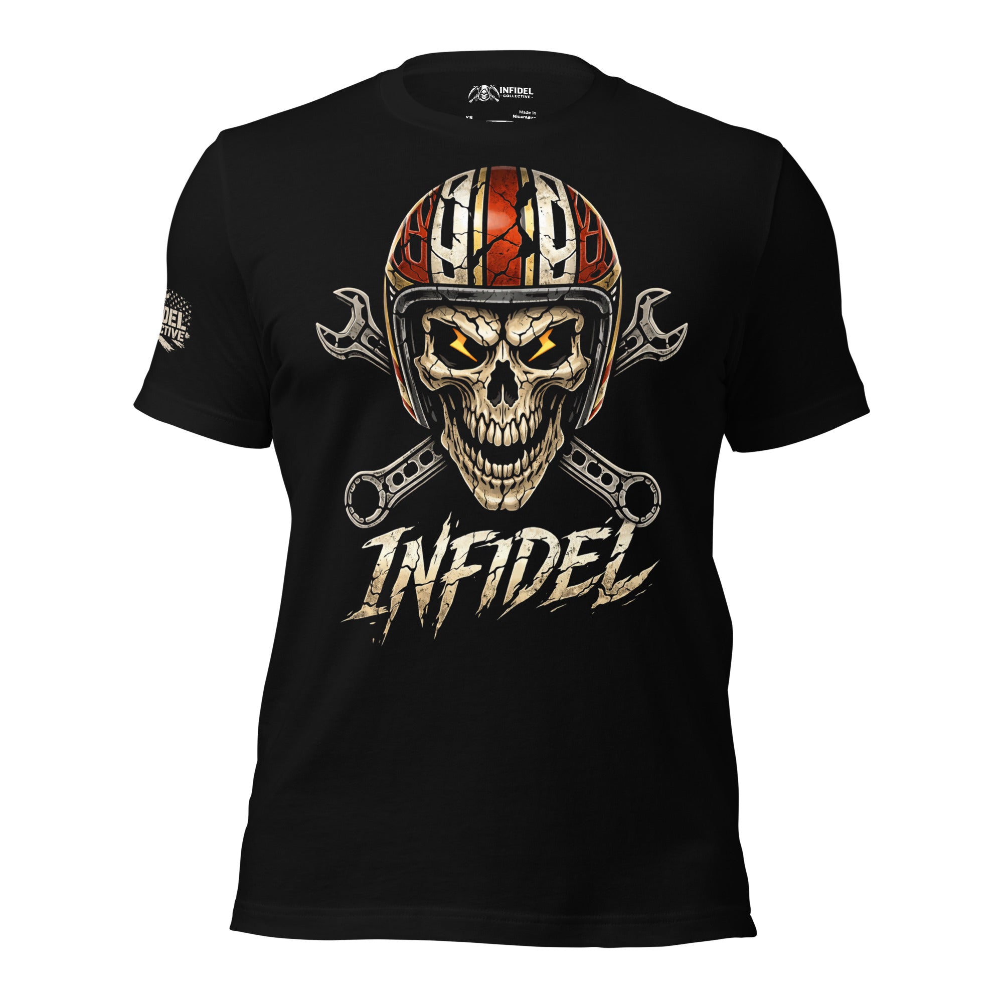 Black Redline Infidel tee with front print featuring skull wearing red racing helmet, crossed mechanic wrenches, and INFIDEL text