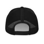 Black snapback trucker cap with embroidered INFIDEL War Pig design, back view