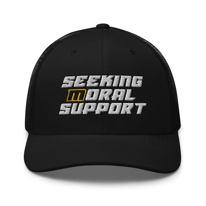 Black Snapback Custom Trucker Hat – Funny NSFW Seeking M-oral Support Vulgar Humor Infidel Collective