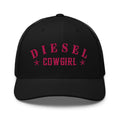Black snapback hat with embroidered Diesel Cowgirl Pink Stitch, front view