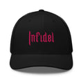 Black snapback hat with embroidered INFIDEL Pink Stitch, back view