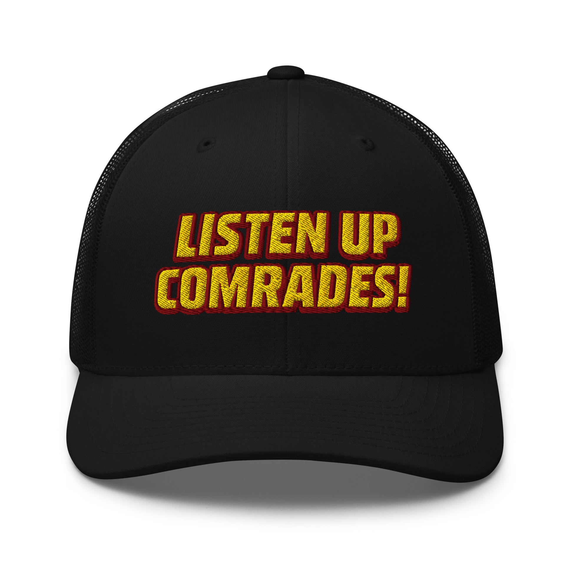Black cap with yellow text 'LISTEN UP COMRADES!' on a white background