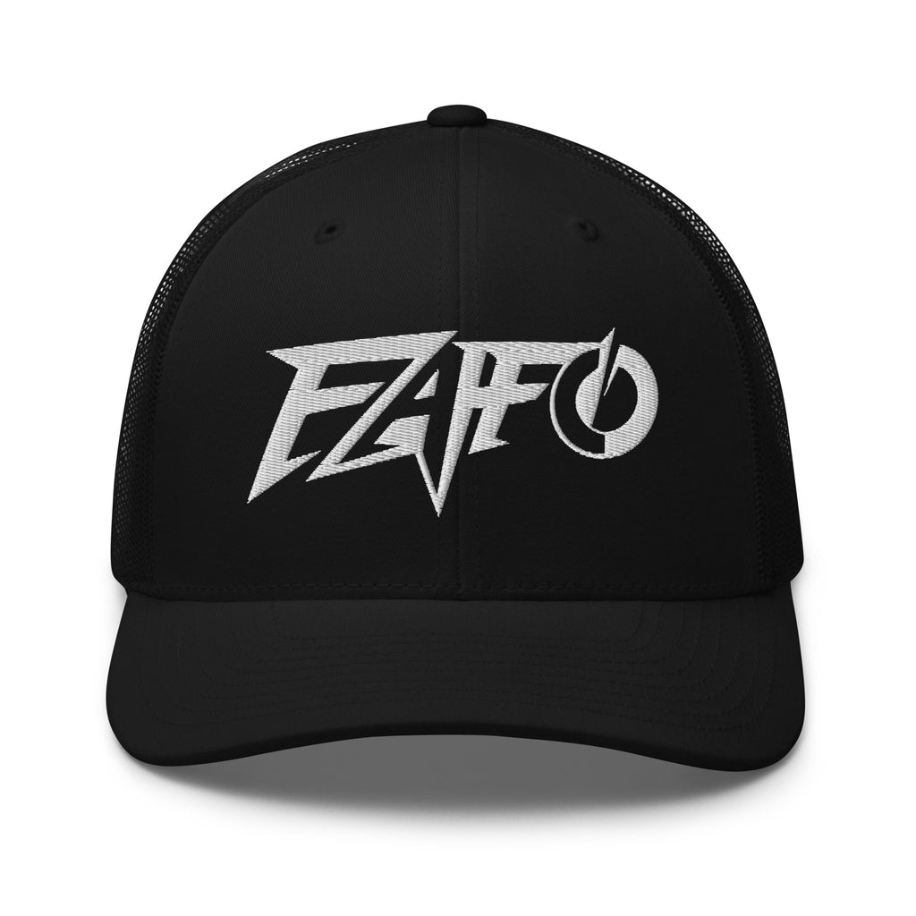 Black snapback trucker cap with embroidered FAFO Power design, front view