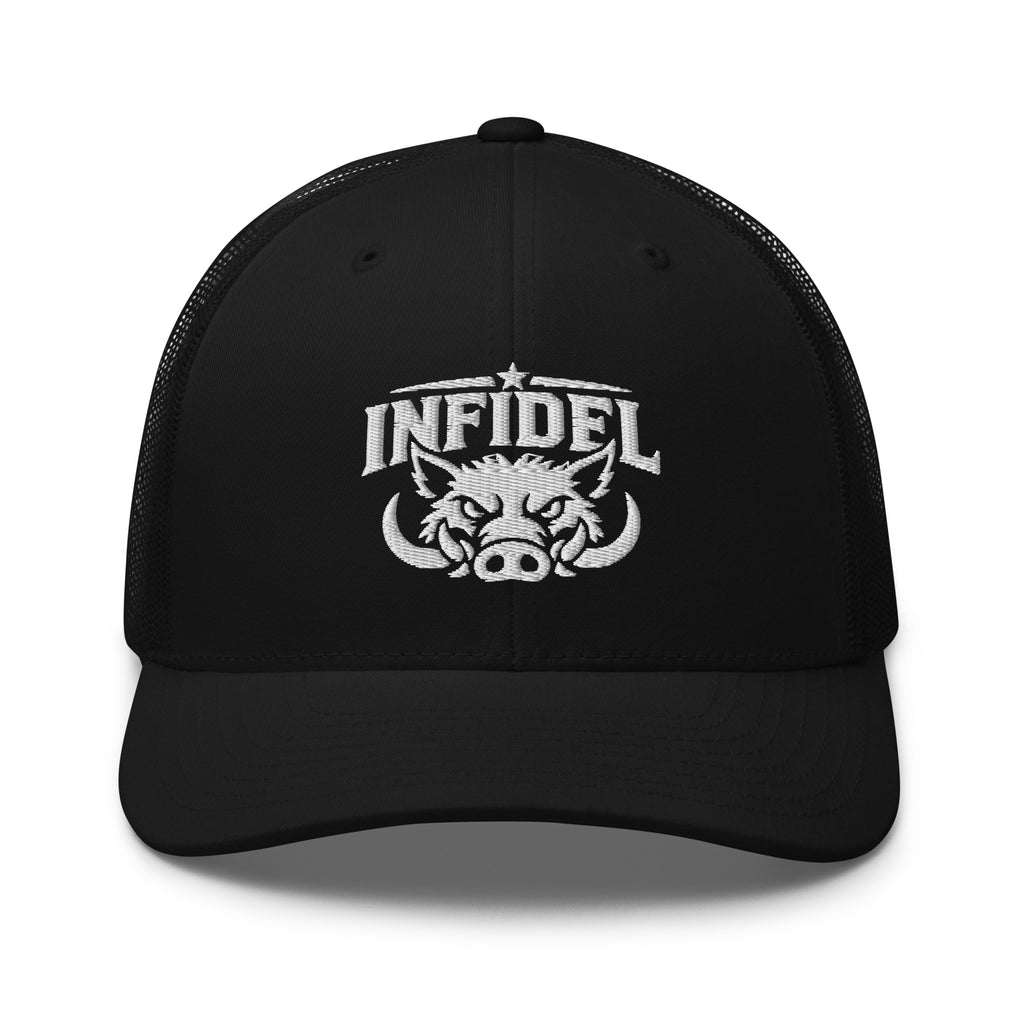 Black snapback trucker cap with embroidered INFIDEL War Pig design, front view