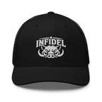Black snapback trucker cap with embroidered INFIDEL War Pig design, front view