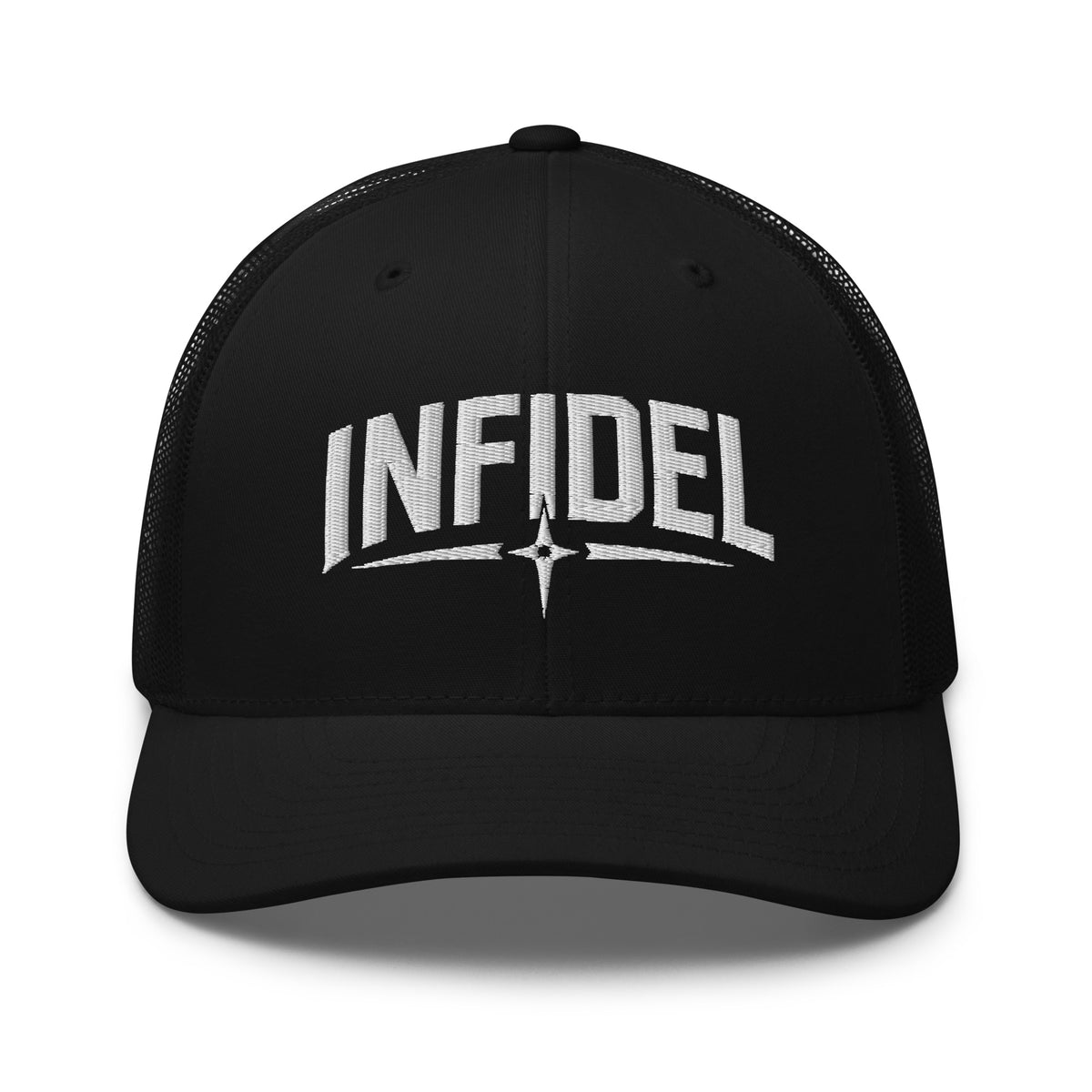 Black snapback trucker cap with embroidered Infidel Spike design, front view