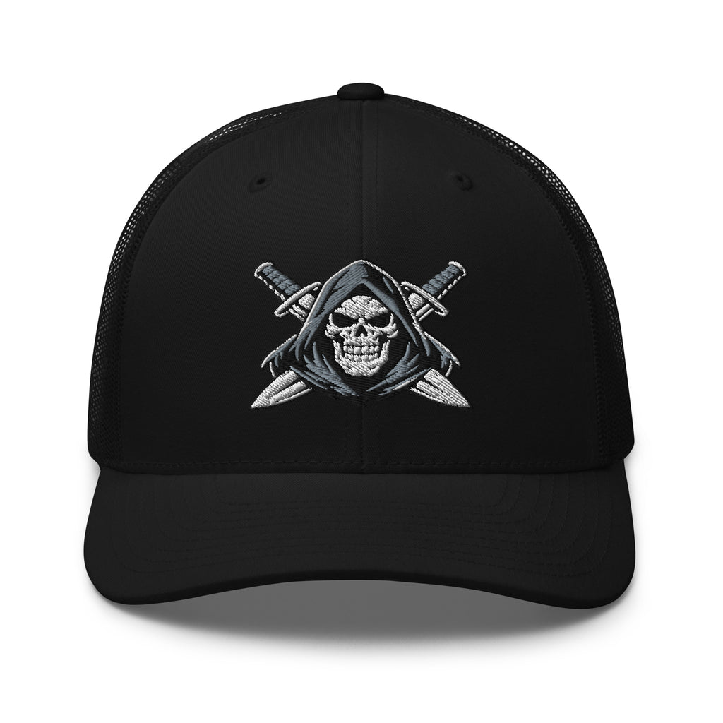 Black snapback trucker cap with embroidered Only Fear Infidel reaper design, front view