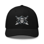 Black snapback trucker cap with embroidered Only Fear Infidel reaper design, front view