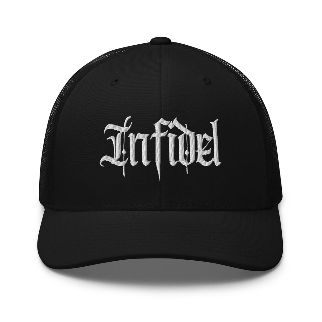 Black snapback trucker cap with embroidered Infidel Script design, front view