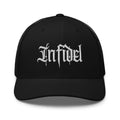Black snapback trucker cap with embroidered Infidel Script design, front view