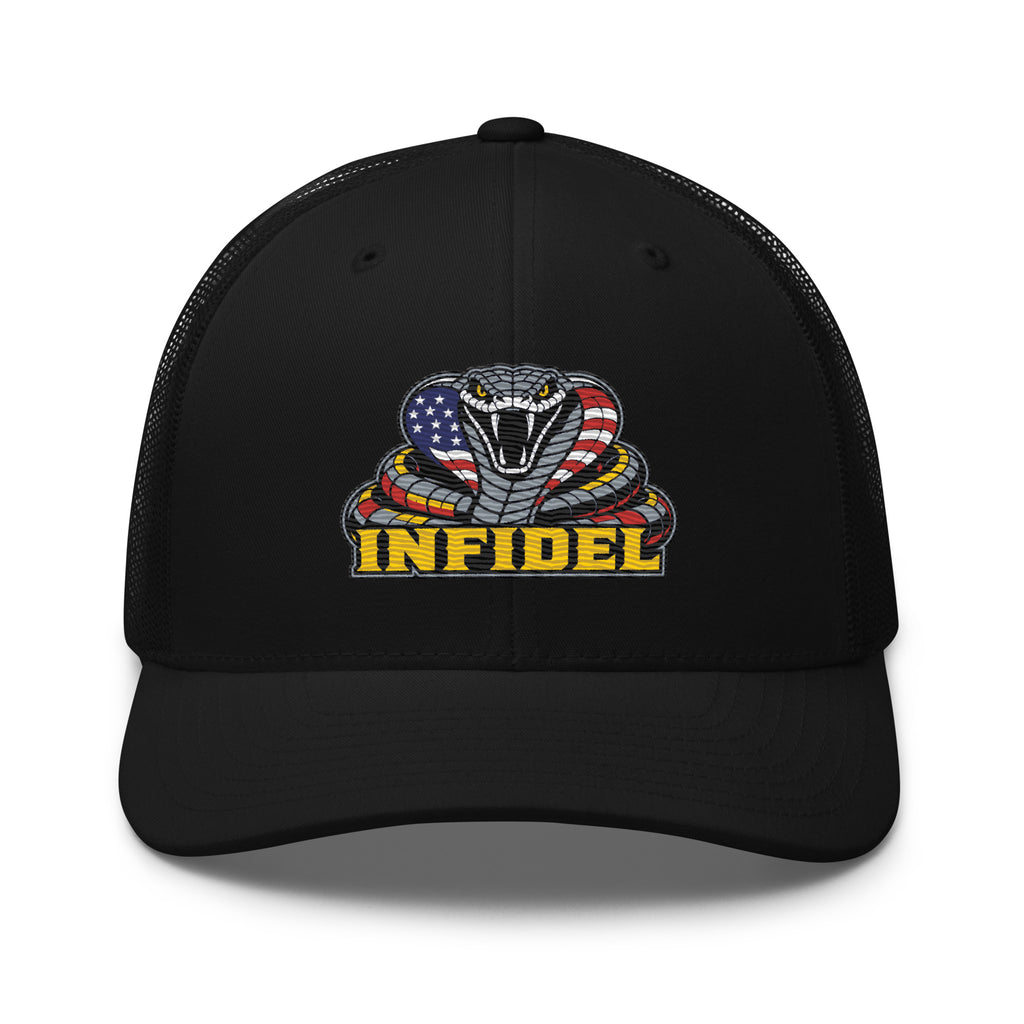 Black mesh-back trucker cap with embroidered INFIDEL USA Flag Cobra front design, front view