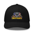 Black mesh-back trucker cap with embroidered INFIDEL USA Flag Cobra front design, front view