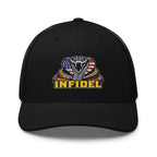 Black mesh-back trucker cap with embroidered INFIDEL USA Flag Cobra front design, front view