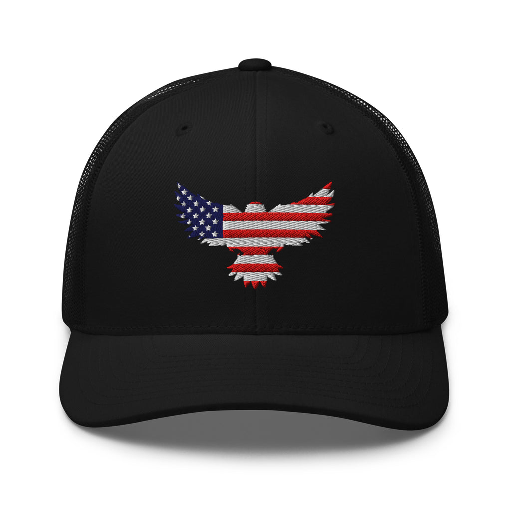 Black trucker snapback cap, front view with Old Glory Eagle embroidery