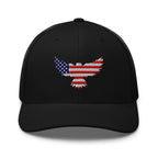 Black trucker snapback cap, front view with Old Glory Eagle embroidery