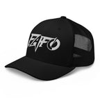 Black snapback trucker cap with embroidered FAFO Power design, left front view